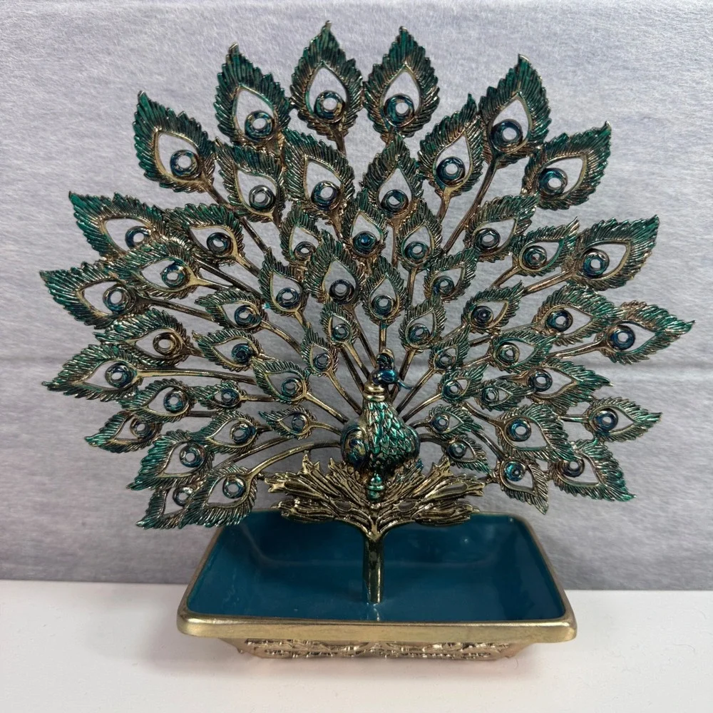 Peacock‎ Jewelry Holder Trinket Dish Teal Gold Metal Decorative Vanity Display